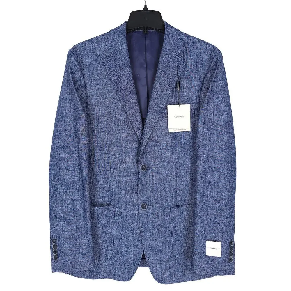Calvin Klein Mens Slim Fit Sport Coat Blazer 38S Blue Solid Stretch NWT